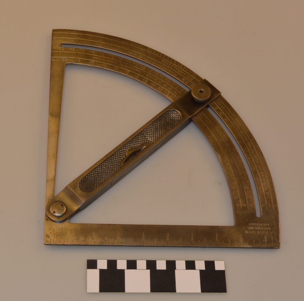 Rafter and polygon bevel gauge patented by A. O. Calhoon, Missouri History Museum