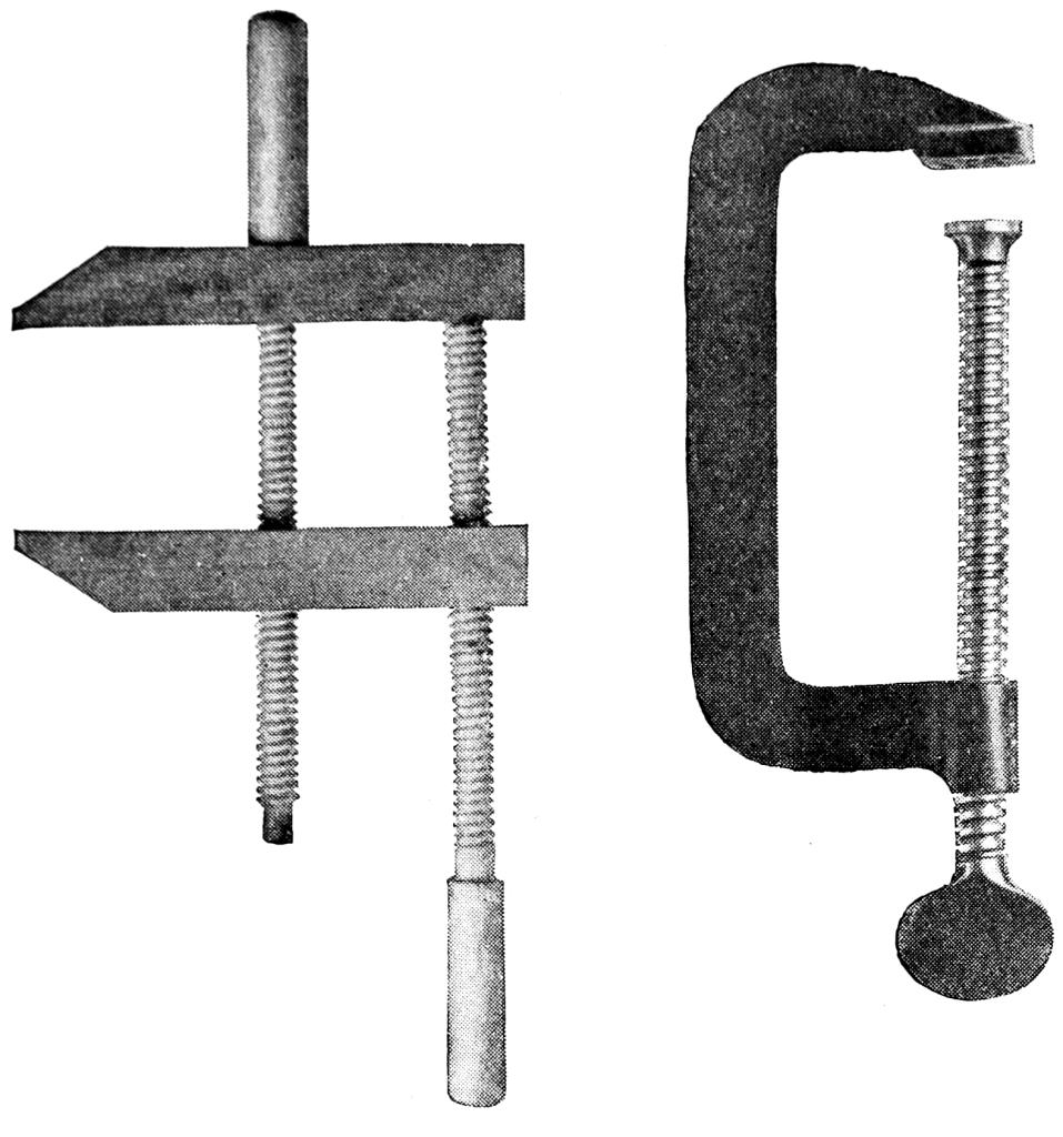 Wooden hand screw and G-clamp illustration from Cassells Carpentry and Joinery fig 41 42