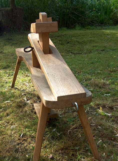 Shaving horse in Austrian folk museum – traditional woodworking workbench on display