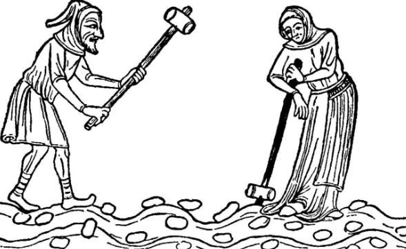 Medieval engraving showing a peasant using a wooden mallet, from the Luttrell Psalter, Middle Ages